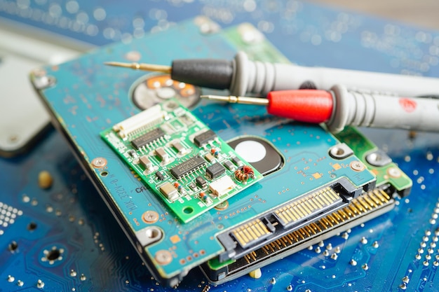 Repairing and upgrade circuit mainboard of notebook electronic computer hardware and technology concept