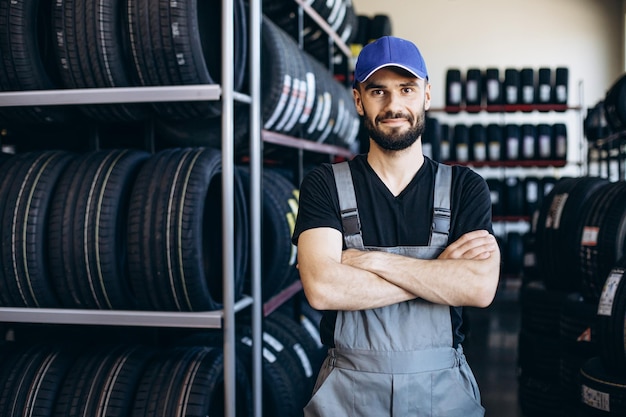 Repairman at car service changing tires