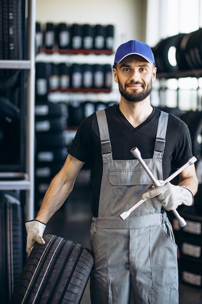 Repairman at car service changing tires