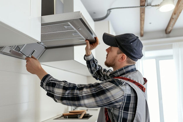 Photo repairman repairing the cooker hood