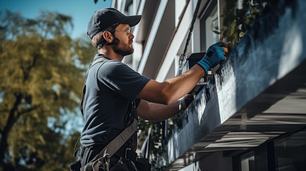 a repairman repairs adjusts or installs metalplastic windows in the apartment