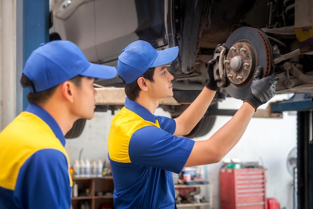 青い制服を着た自動車ガレージサービスの修理工と技術者が立ち上がり、工具を付けて笑顔を見せる