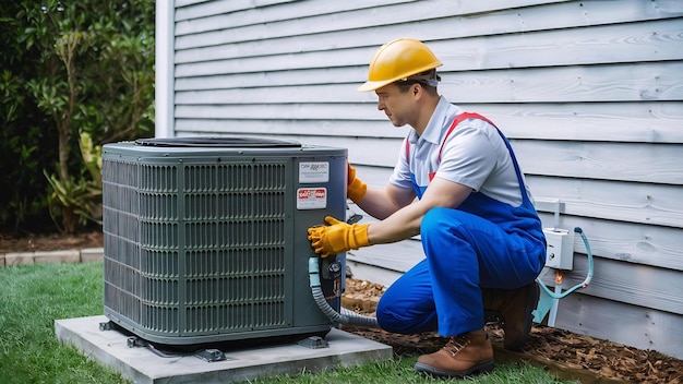 Repairman in uniform installing the outside unit of air conditioner