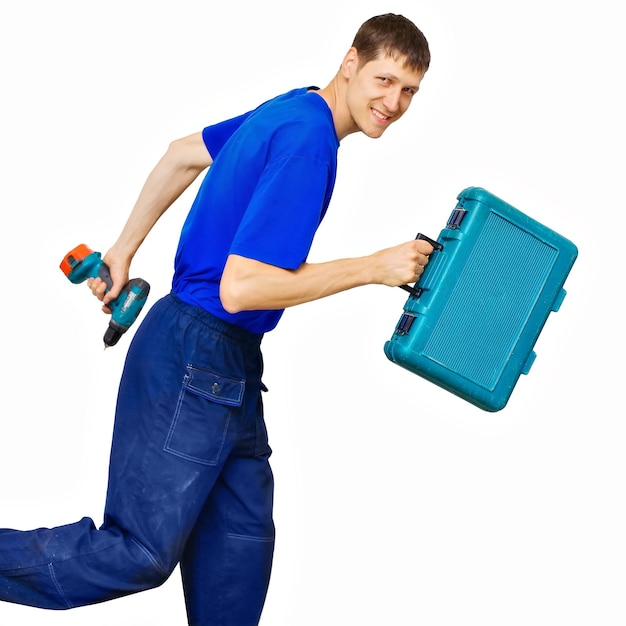 A repairman or utility worker rushes to the rescue with tools Isolated on a white background