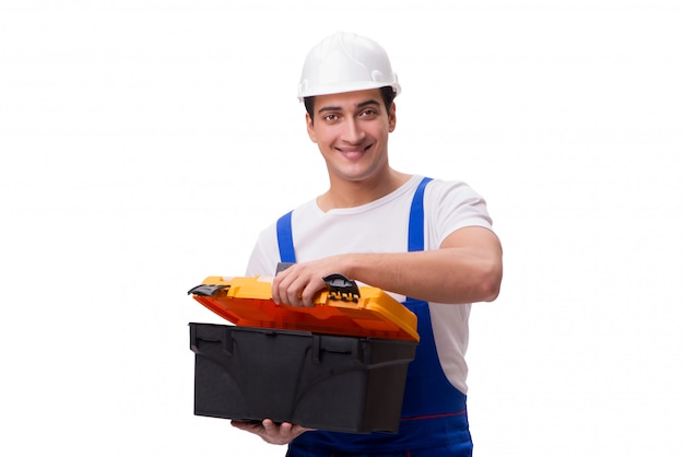 Repairman with toolbox isolated on white