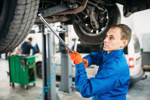 Repairman with a wrench checks the suspension