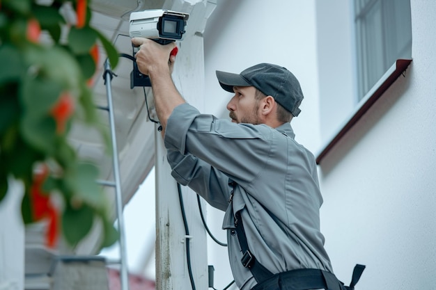 Reparateur die de CCTV-camera repareert.