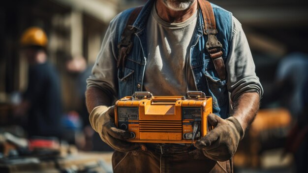 Reparateur met een gereedschapskist en een harde hoed