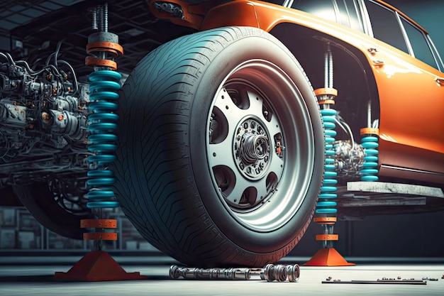 Reparatie en afstemming van auto's in garage van autoservicewiel en autoschokdemper