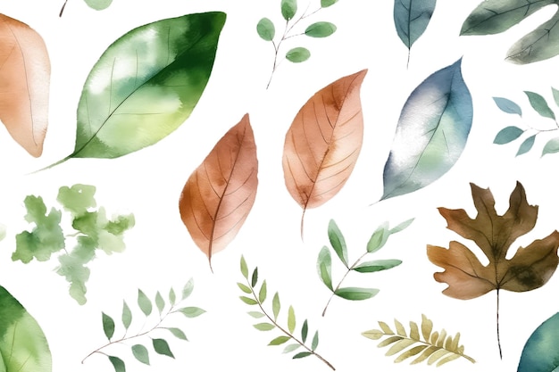 Repeat pattern of green watercolor leaves on white background AI