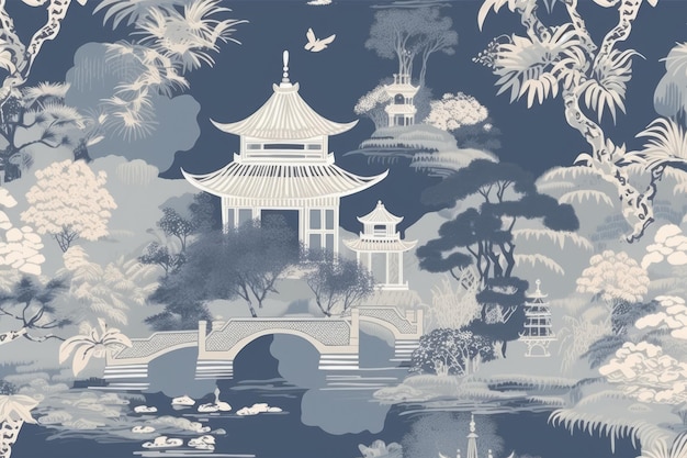 Repeatable pattern of chinoiserie on blue background created using generative ai technology