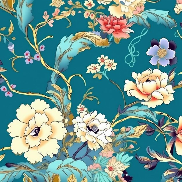 Repeatable pattern of chinoiserie on green background created using generative ai technology