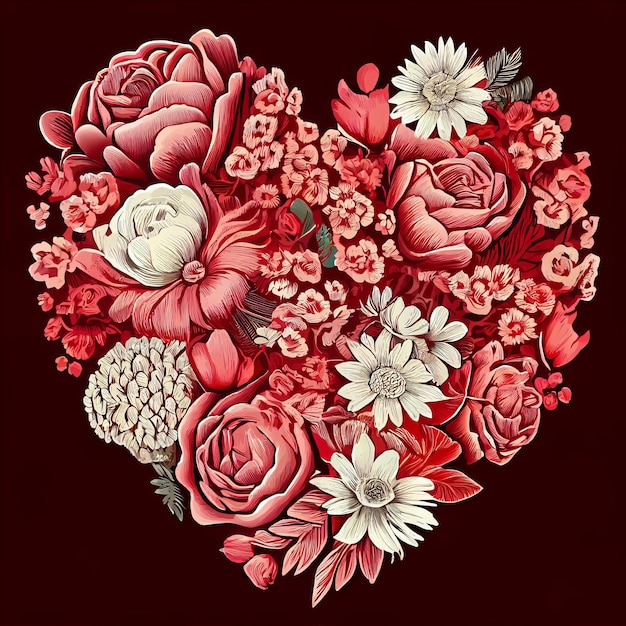 꽃, 손으로 그린 스타일, 발렌타인 데이 스타일로 만든 하트의 반복 패턴