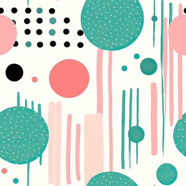 Repeating abstract teal and pink pattern with Sketch note style in bright geometric and dotted lines