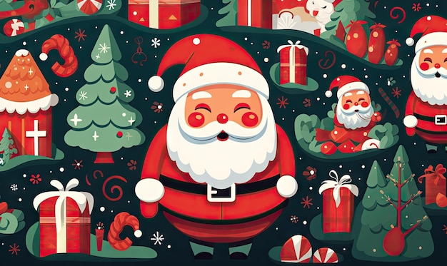 A repeating Christmas pattern showcasing Santa Claus and gift boxes in a seamless style