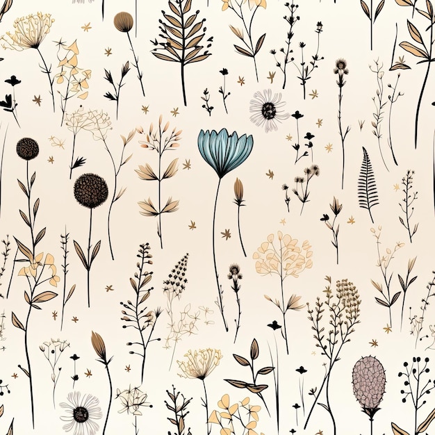 Repeating Floral Pattern Line art collection of minimalist wildflowers with black detailed outlines