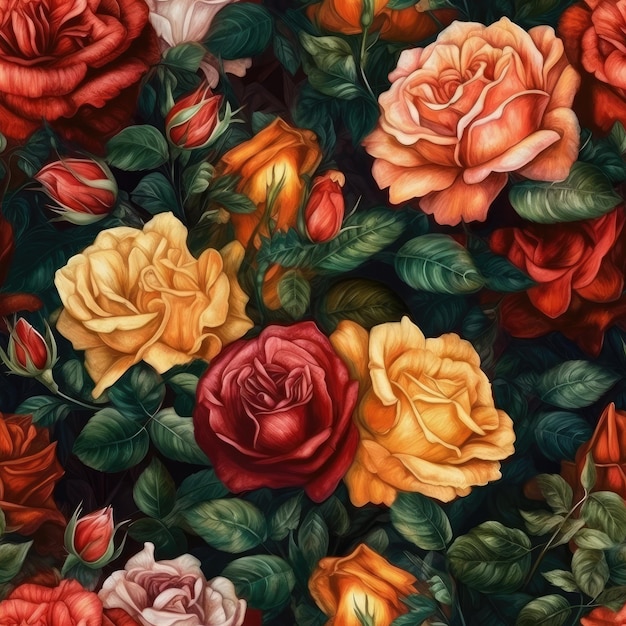 Repeating pattern bright and colorful realistic rose flowers with vibrant mood