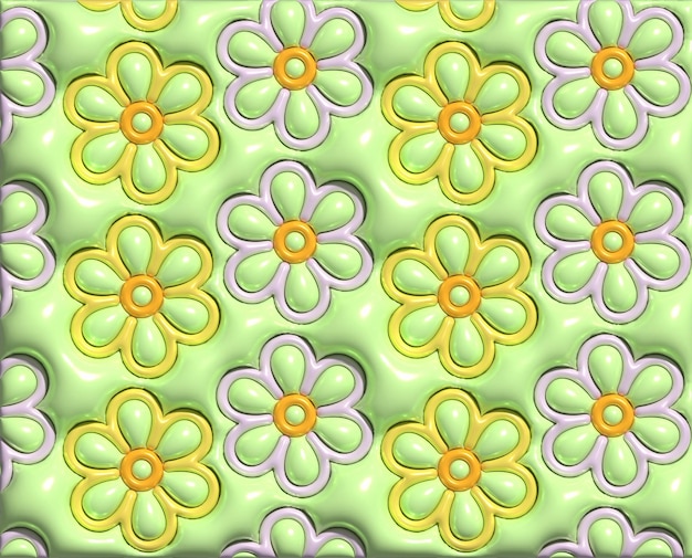 Repeating pattern of daisy flowers on a green background 3D rendering illustration