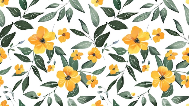 Repeating Pattern of MediumSized Leaves and Simple Flowers on White Background