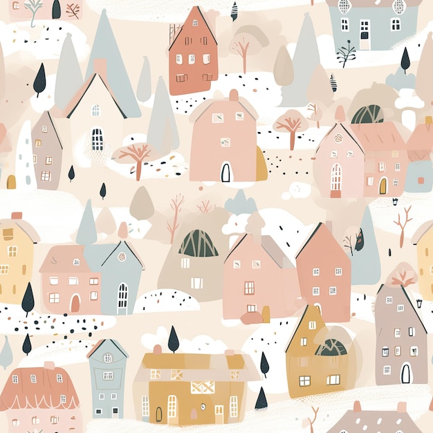 Motivo ripetuto dolce casa di villaggio di campagna scandinava con un tetto coperto di neve in caldo pastello