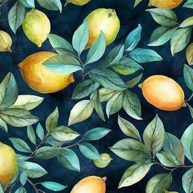 Repeating pattern for wallpaper with image of lemons and lemon tree leaves in romantic watercolor