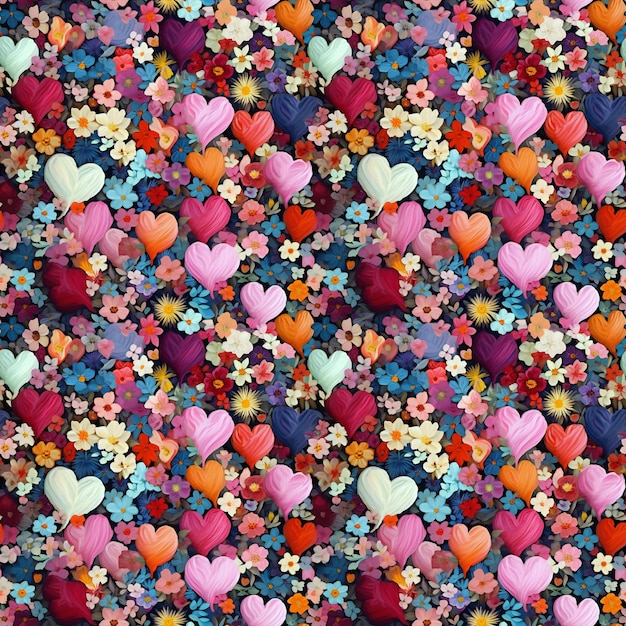 Repetitive Flower and Heart Print Aesthetic Design with Hearts in Red Pink and White and Small Blue Yellow Red and Pink Blooms