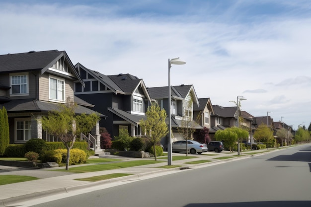 Repetitive pattern of houses and lawns on residential street created with generative ai