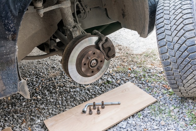 replacing a broken wheel on a dirt road in the open air