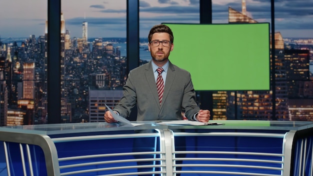 Reporter man talking chromakey screen at studio presenter reporting live news