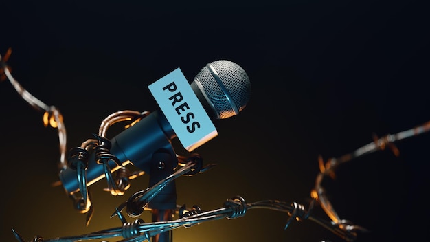 A reporter's microphone at a press conference through barbed wire 3d rendering