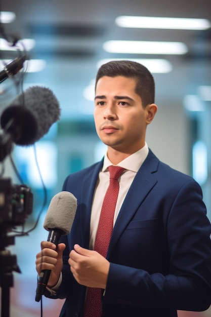 Reporter studio en praten op camera met een microfoon in een kantoorgebouw