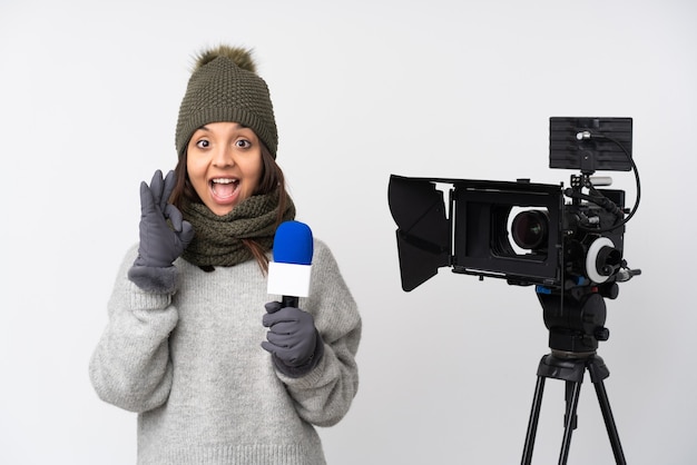 Reporter woman over isolated background