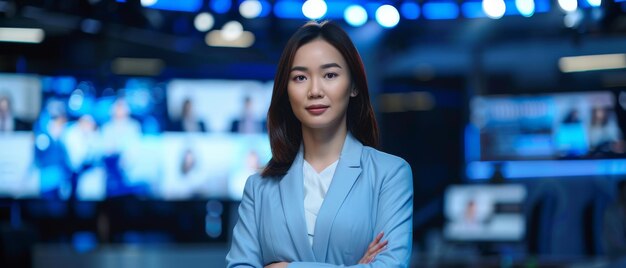 Reporting in real time on TV live news with a female anchor reporting Mockup concept of TV network broadcast in a newsroom studio with a female anchorwoman Live News Reporting in Real Time on