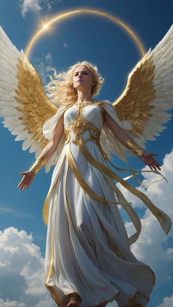 Photo representacion anime de un angel ascendiendo alas iridiscentes