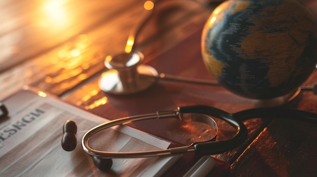 A representation combining a stethoscope a passport an airplane and a globe symbolizing