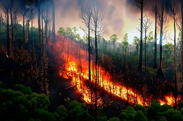 Photo representation of forest fires in a tropical jungle loss of biodiversity and carbon release