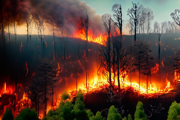 Foto rappresentazione degli incendi forestali in una giungla tropicale perdita di biodiversità e rilascio di carbonio