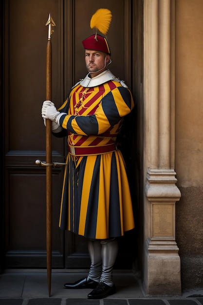 Representation of the guards of the Swiss guard of the Vatican posing Ai generated