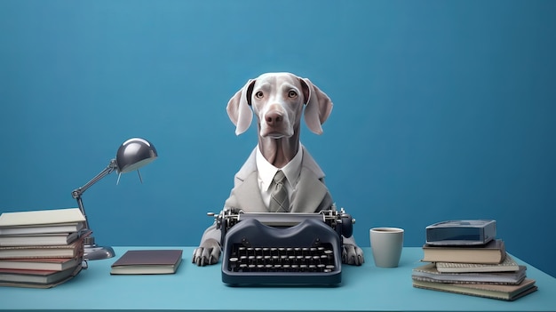 Representation of locks in puppy weimaraner dressed as businessman with eyeglasses posturing close typewriter over blue studio foundation creative resource ai generated