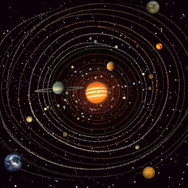 대표 행성 그들의 위치 목성 토성 태양 사진 이미지 AI 생성 예술