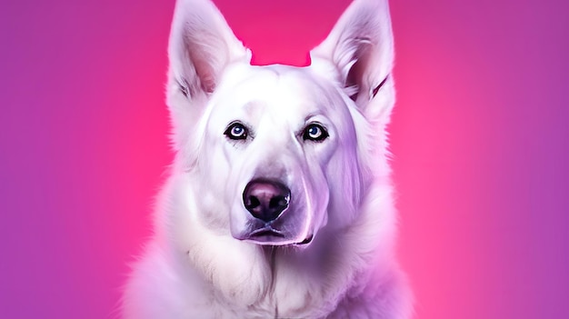 Representation of purebred pooch White Shepherd obliged over studio foundation in neon slant pink light channel Creative resource AI Generated