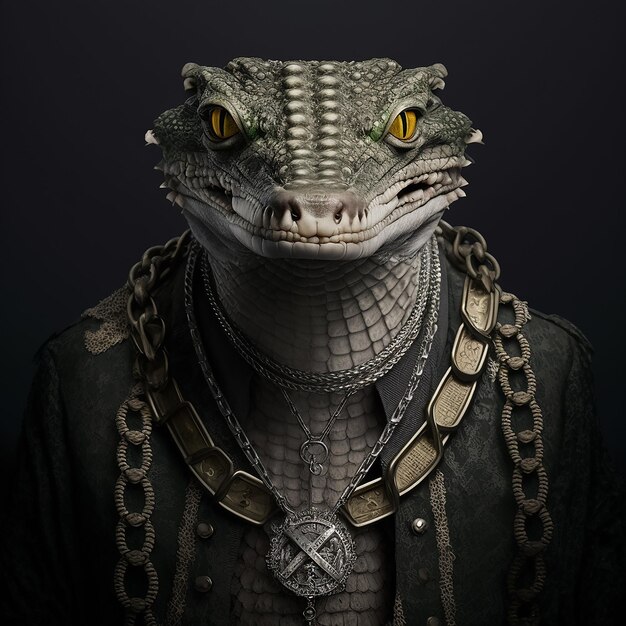 A reptile with a chain around his neck is wearing a jacket.