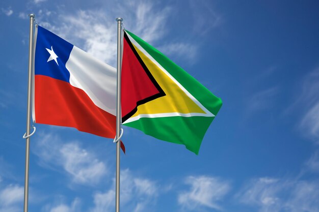 Republic of Chile and Cooperative Republic of Guyana Flags Over Blue Sky Background 3D Illustration