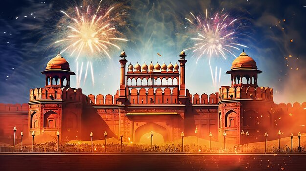 Republic day India Red fort and fireworks in background