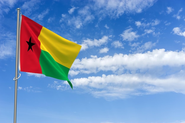 Флаг Республики Гвинея-Бисау на фоне голубого неба 3D иллюстрация