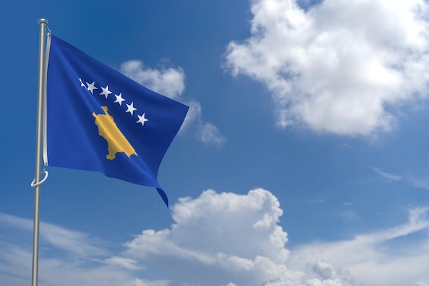 Republic of Kosovo Flags Over Blue Sky Background 3D Illustration