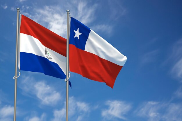 Republic of Paraguay and Republic of Chile Flags Over Blue Sky Background 3D Illustration