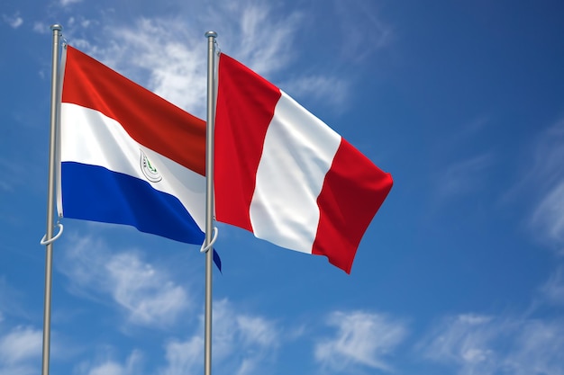 Флаги Республики Парагвай и Республики Перу на фоне голубого неба 3D иллюстрация