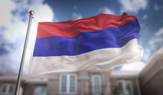 Republika Srpska Flag 3D Rendering on Blue Sky Building Background 