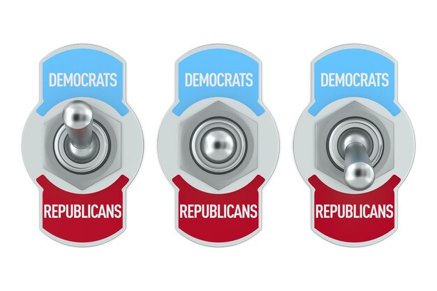 Republikeinen vs Democraten Toggle switch op witte achtergrond Geïsoleerde 3D illustratie